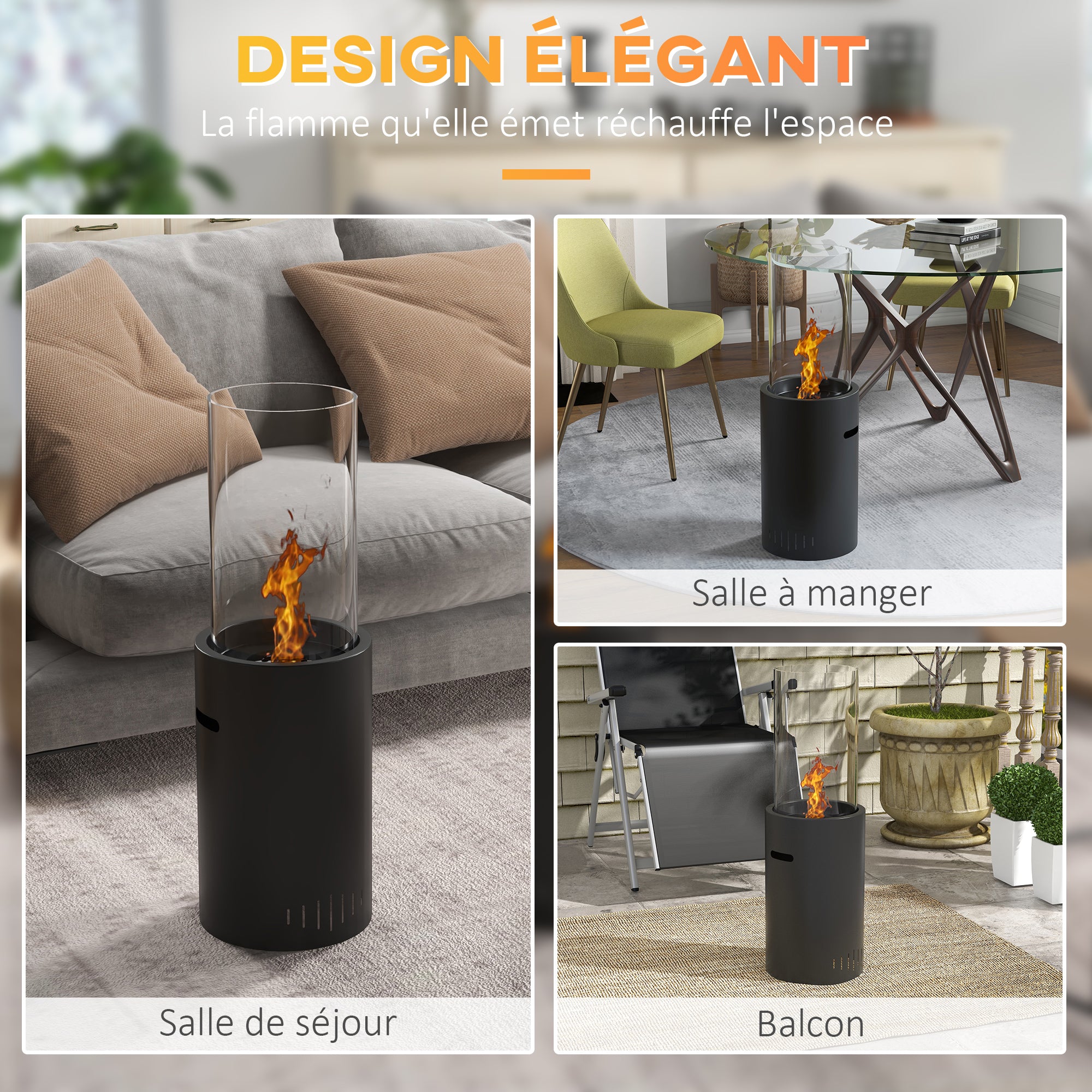 Bioethanol Fireplace made of Steel and Glass with a capacity of 0.3 L and a heating power for 15 sqm, 27 x 27 x 82 cm, Black