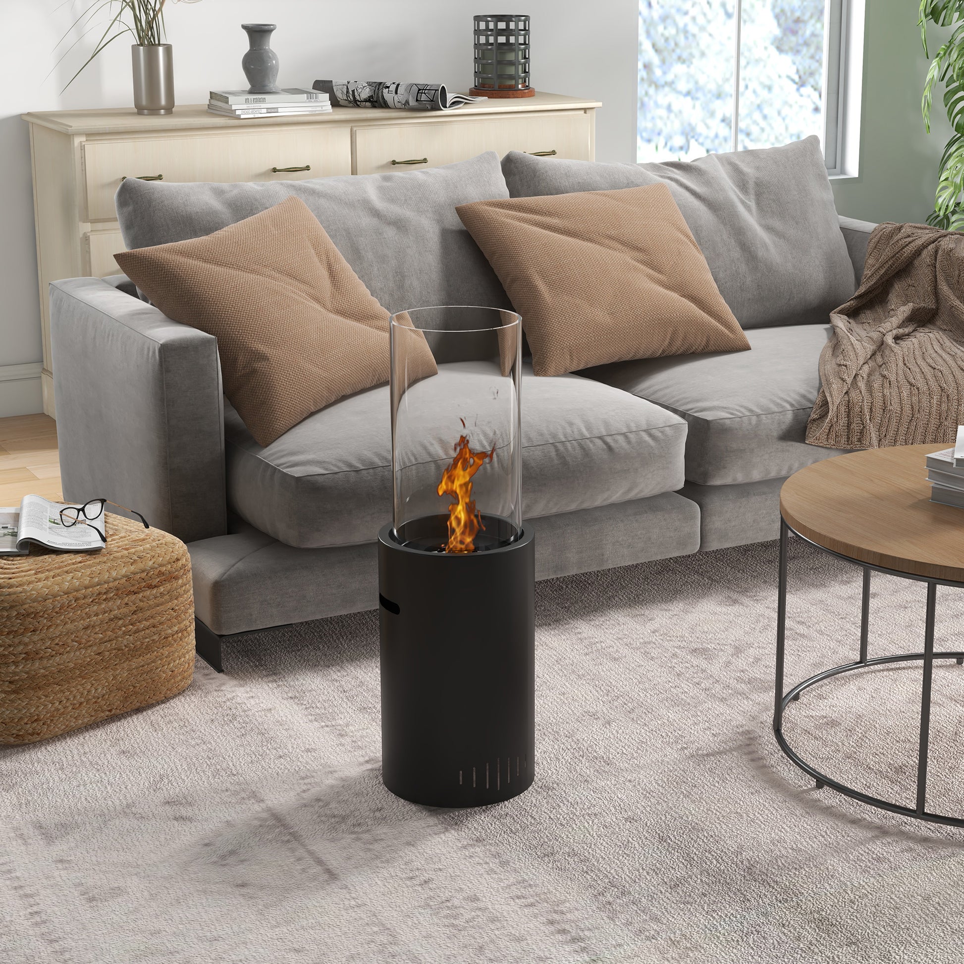 Bioethanol Fireplace made of Steel and Glass with a capacity of 0.3 L and a heating power for 15 sqm, 27 x 27 x 82 cm, Black