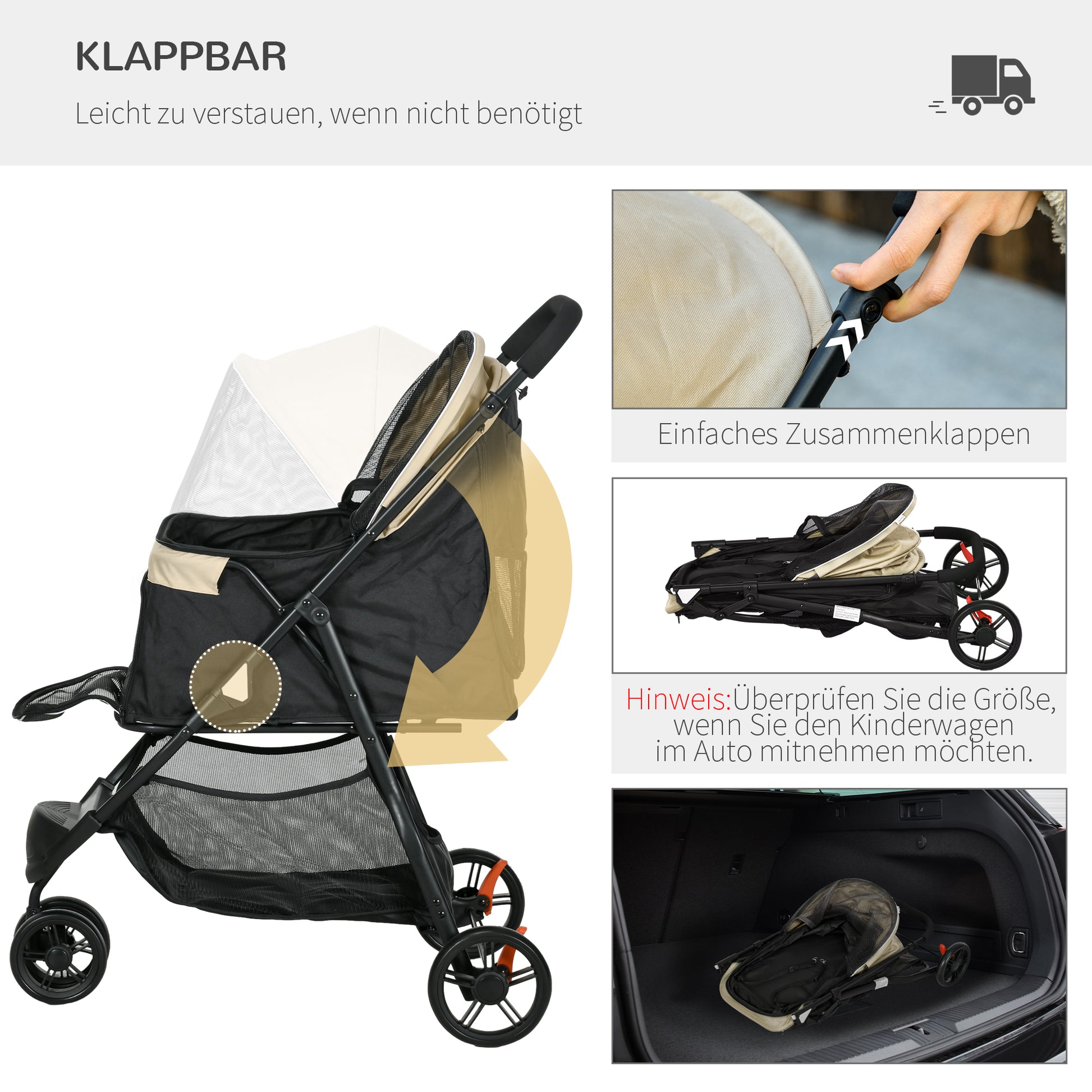 2-in-1 Dog Stroller Dog Buggy with Rain Cover Foldable for Dogs & Cats up to 10 kg Cat Stroller with Cushion Mesh Windows Doors Storage Basket Cat Wagon Buggy Khaki