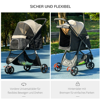 2-in-1 Dog Stroller Dog Buggy with Rain Cover Foldable for Dogs & Cats up to 10 kg Cat Stroller with Cushion Mesh Windows Doors Storage Basket Cat Wagon Buggy Khaki