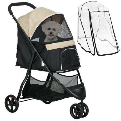 2-in-1 Dog Stroller Dog Buggy with Rain Cover Foldable for Dogs & Cats up to 10 kg Cat Stroller with Cushion Mesh Windows Doors Storage Basket Cat Wagon Buggy Khaki