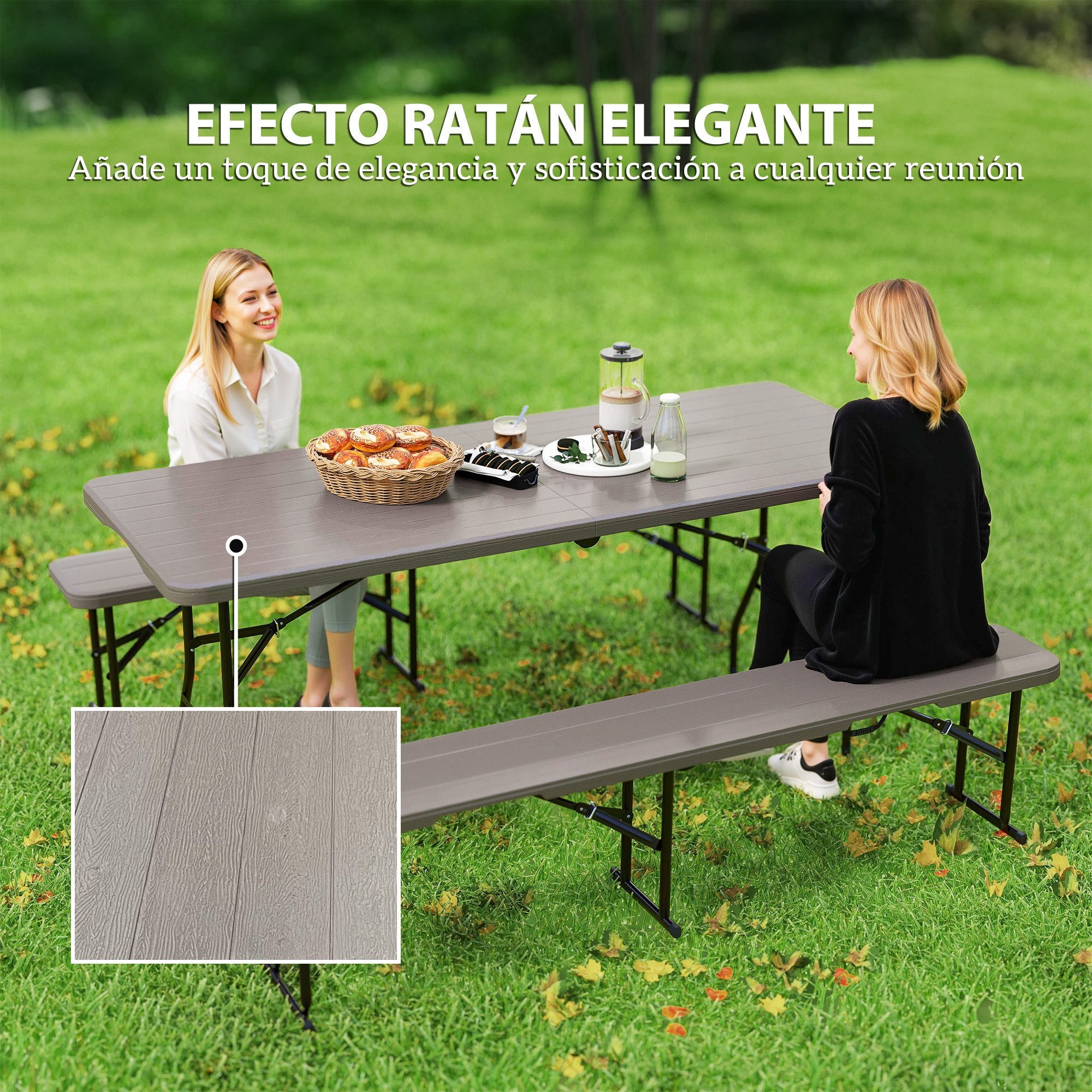 3-Piece Folding Camping Set Folding Camping Table with Benches Includes 1 Table 180x74x74 cm and 2 Waterproof Wood Effect Benches for Camping Garden Picnic Brown