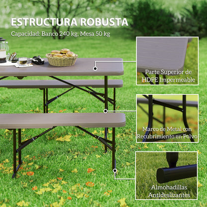 3-Piece Folding Camping Set Folding Camping Table with Benches Includes 1 Table 180x74x74 cm and 2 Waterproof Wood Effect Benches for Camping Garden Picnic Brown