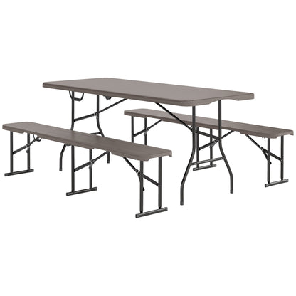3-Piece Folding Camping Set Folding Camping Table with Benches Includes 1 Table 180x74x74 cm and 2 Waterproof Wood Effect Benches for Camping Garden Picnic Brown