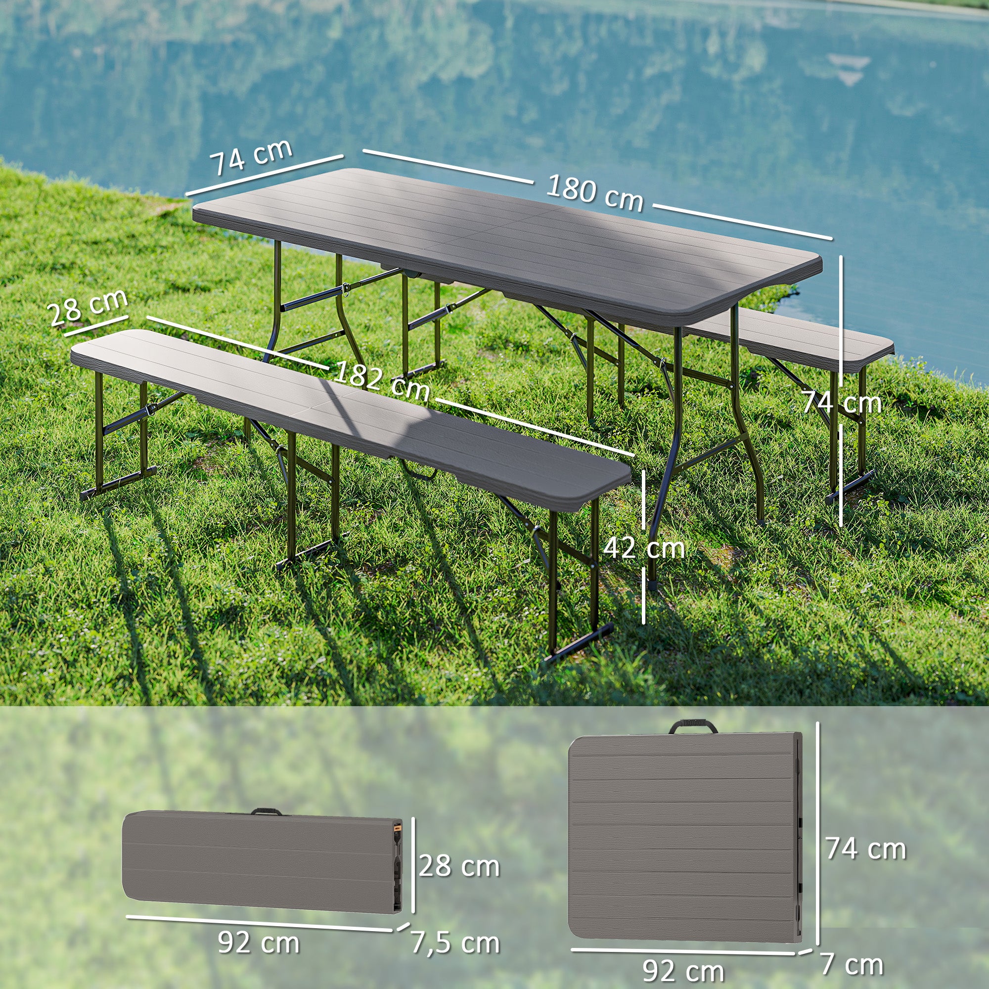 3-Piece Folding Camping Set Folding Camping Table with Benches Includes 1 Table 180x74x74 cm and 2 Waterproof Wood Effect Benches for Camping Garden Picnic Brown