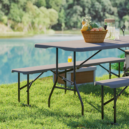 3-Piece Folding Camping Set Folding Camping Table with Benches Includes 1 Table 180x74x74 cm and 2 Waterproof Wood Effect Benches for Camping Garden Picnic Brown