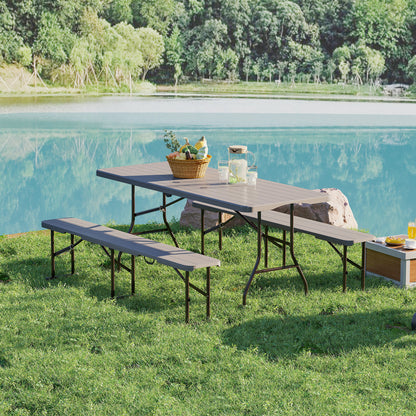 3-Piece Folding Camping Set Folding Camping Table with Benches Includes 1 Table 180x74x74 cm and 2 Waterproof Wood Effect Benches for Camping Garden Picnic Brown