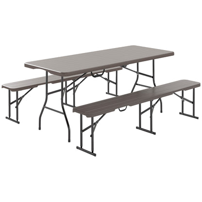 3-Piece Folding Camping Set Folding Camping Table with Benches Includes 1 Table 180x74x74 cm and 2 Waterproof Wood Effect Benches for Camping Garden Picnic Brown
