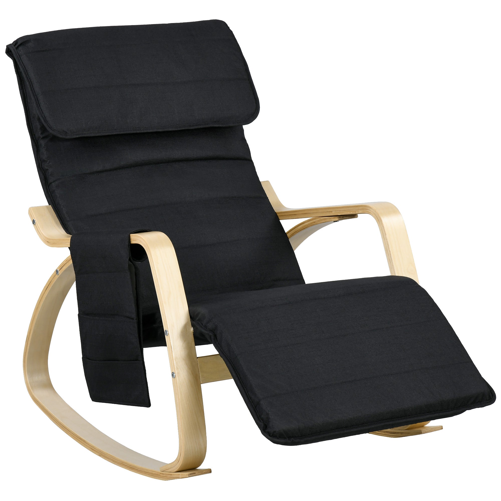 Rocking Chair Nursing Relax Lounge Chair with Adjustable Footrest, Side Pocket, and Headrest, Rocking Chair for Bedroom, 67 x 110 x 91 cm Black