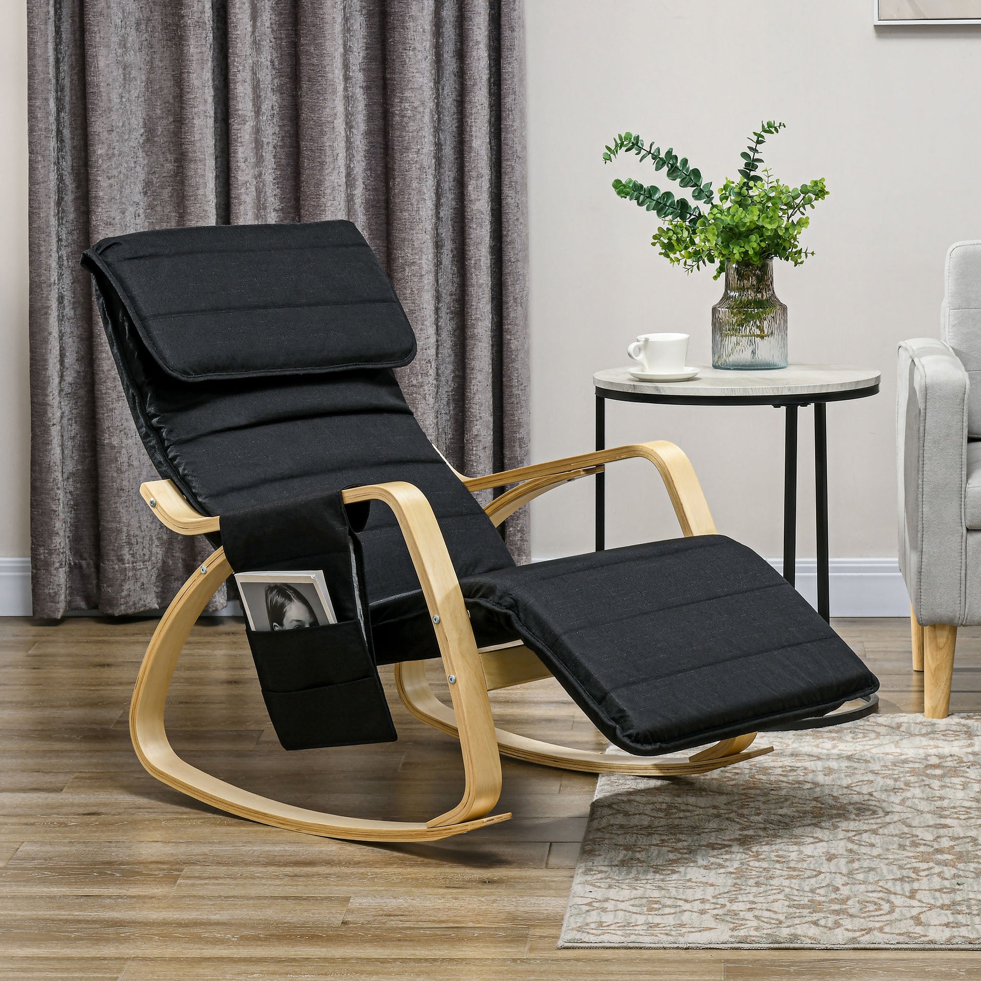 Rocking Chair Nursing Relax Lounge Chair with Adjustable Footrest, Side Pocket, and Headrest, Rocking Chair for Bedroom, 67 x 110 x 91 cm Black