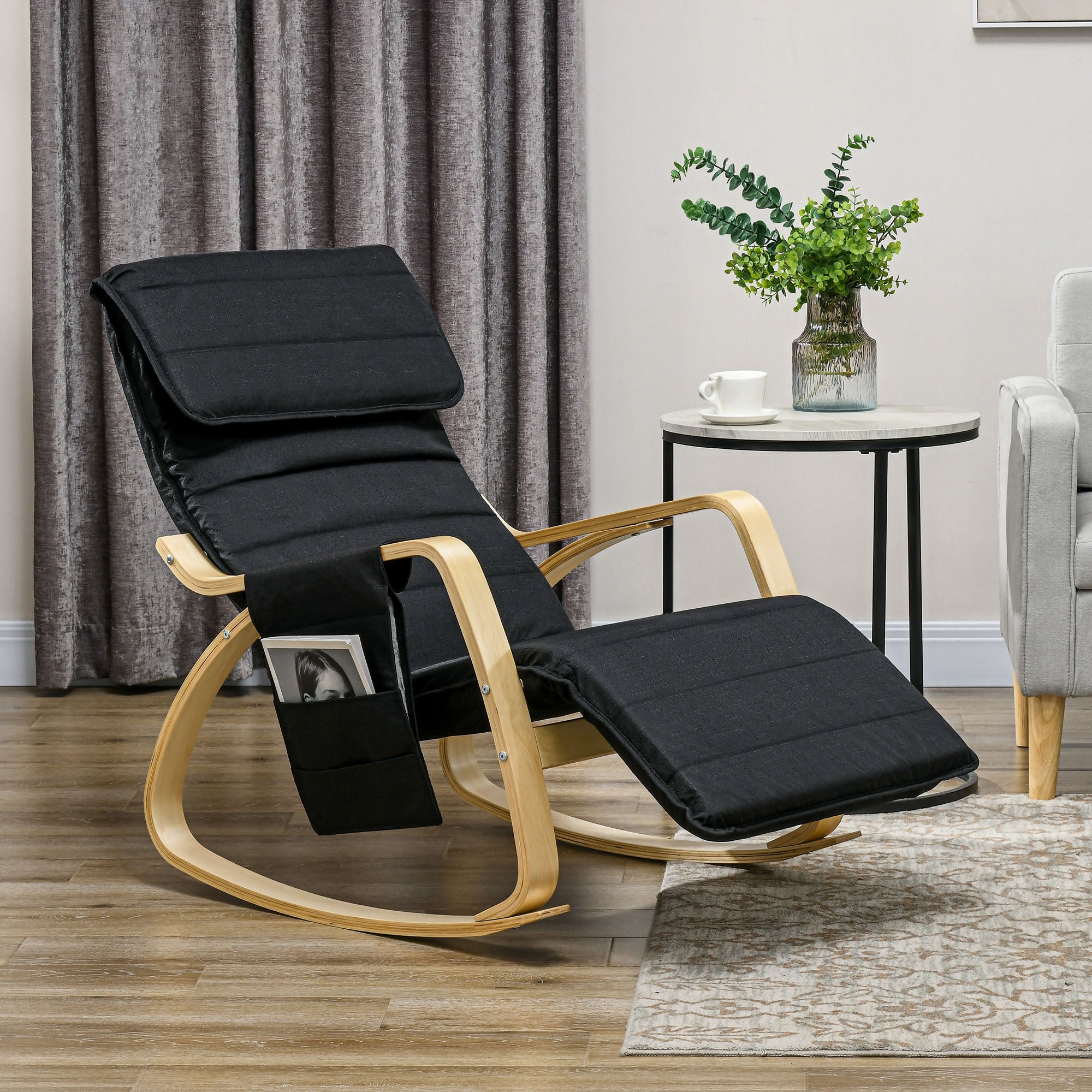 Rocking Chair Nursing Relax Lounge Chair with Adjustable Footrest, Side Pocket, and Headrest, Rocking Chair for Bedroom, 67 x 110 x 91 cm Black