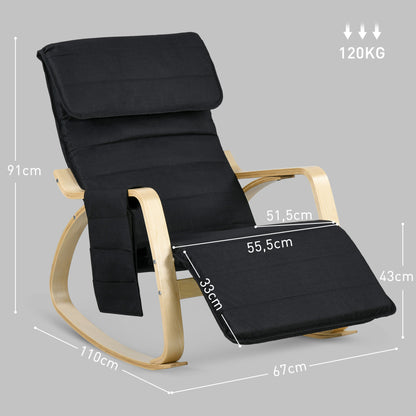 Rocking Chair Nursing Relax Lounge Chair with Adjustable Footrest, Side Pocket, and Headrest, Rocking Chair for Bedroom, 67 x 110 x 91 cm Black