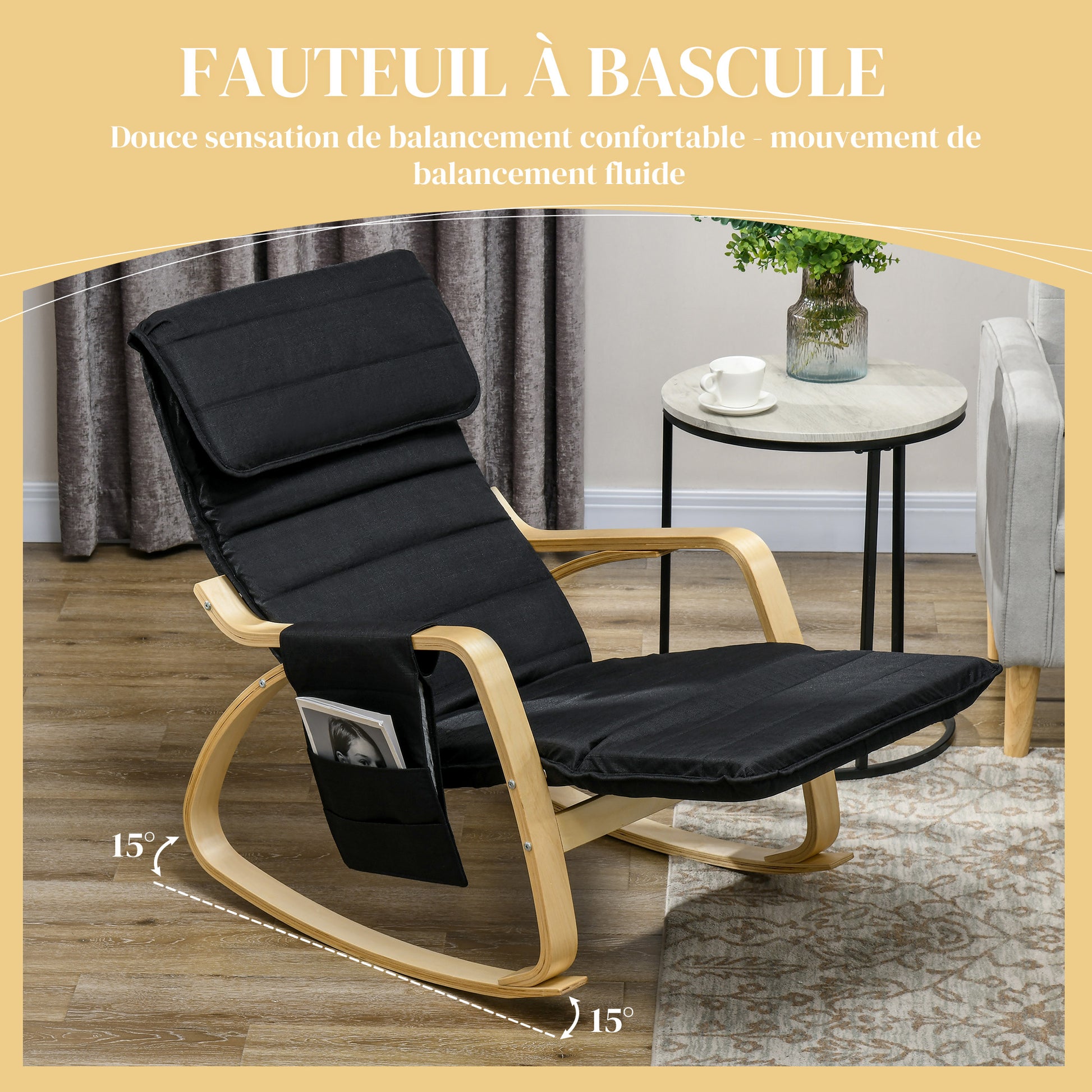 Rocking Chair Nursing Relax Lounge Chair with Adjustable Footrest, Side Pocket, and Headrest, Rocking Chair for Bedroom, 67 x 110 x 91 cm Black