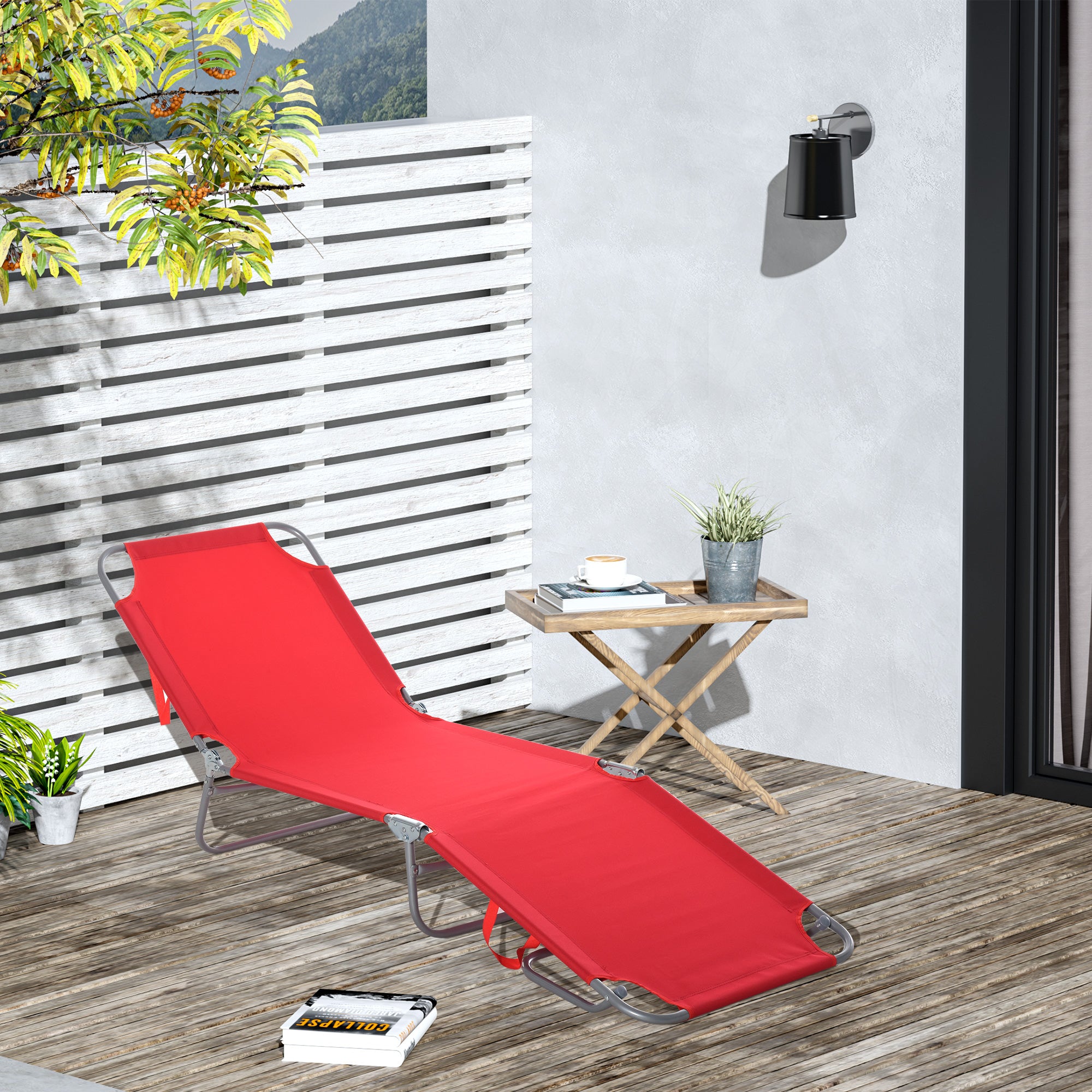 Foldable Sun Lounger Garden Lounger, Lounge Chair with 5-Position Adjustable Backrest, Weather-Resistant Camping Lounger, Garden Chair for up to 120 kg, for Garden Vacation Outdoor Beach Pool, Red