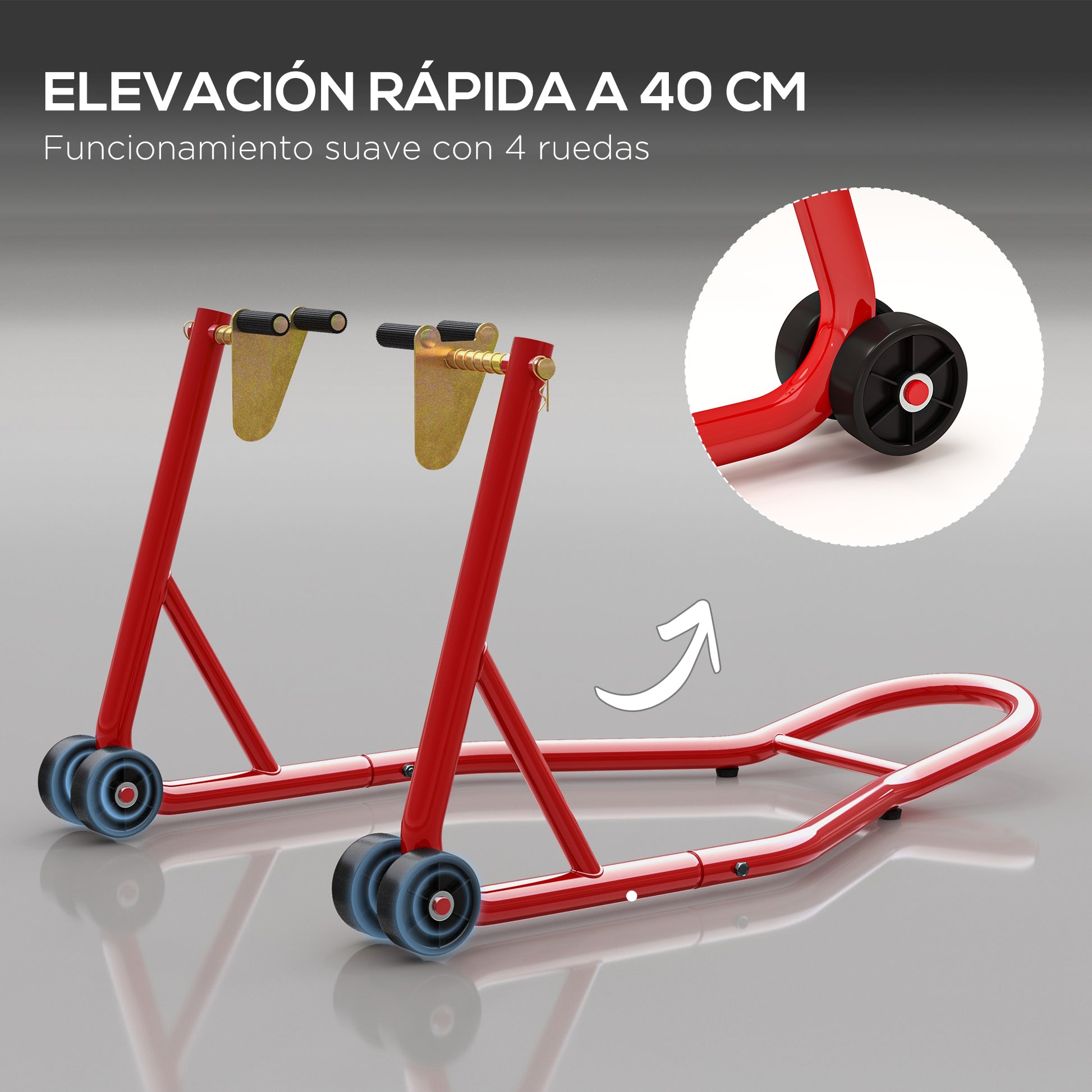 Universal Front Motorcycle Lift Stand Portable and Mobile Steel Support with Wheels for Repair and Parking in Red 80x50x40 cm
