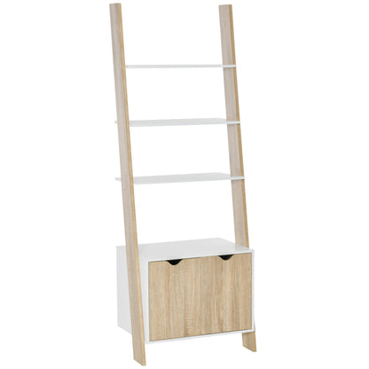 Scandinavian Style Wooden Ladder Bookcase with 3 Shelves and 1 Storage Cabinet Modern 60x40x171 cm Oak and White
