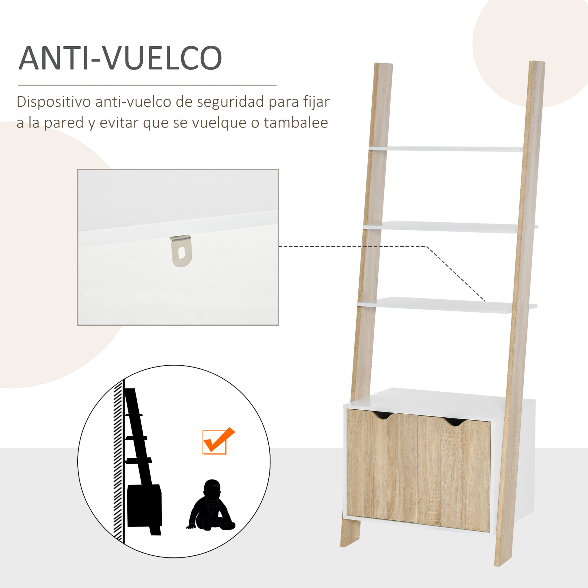 Scandinavian Style Wooden Ladder Bookcase with 3 Shelves and 1 Storage Cabinet Modern 60x40x171 cm Oak and White