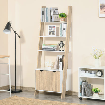 Scandinavian Style Wooden Ladder Bookcase with 3 Shelves and 1 Storage Cabinet Modern 60x40x171 cm Oak and White