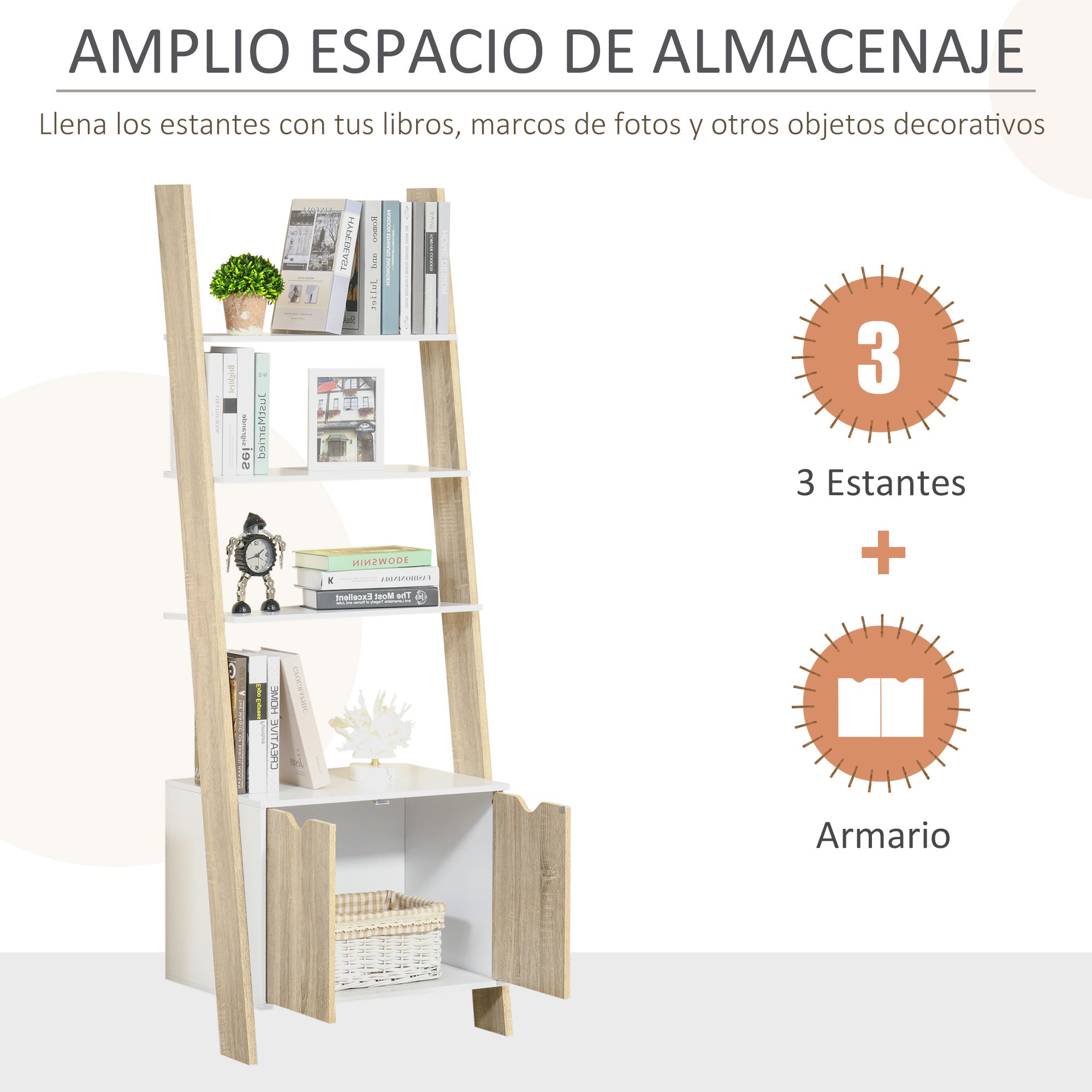 Scandinavian Style Wooden Ladder Bookcase with 3 Shelves and 1 Storage Cabinet Modern 60x40x171 cm Oak and White
