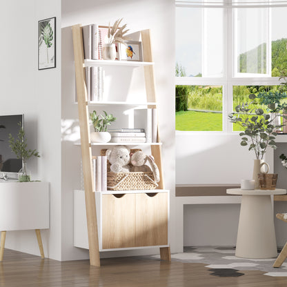 Scandinavian Style Wooden Ladder Bookcase with 3 Shelves and 1 Storage Cabinet Modern 60x40x171 cm Oak and White