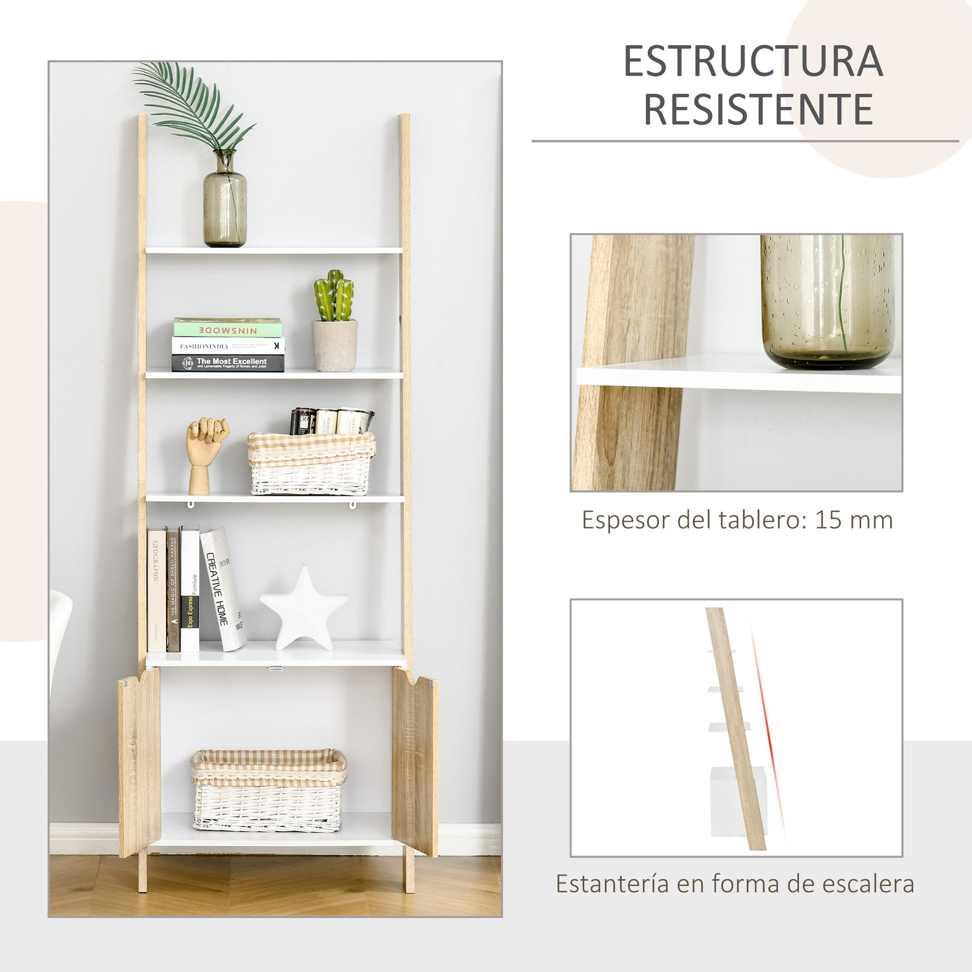 Scandinavian Style Wooden Ladder Bookcase with 3 Shelves and 1 Storage Cabinet Modern 60x40x171 cm Oak and White