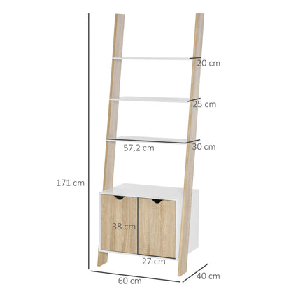 Scandinavian Style Wooden Ladder Bookcase with 3 Shelves and 1 Storage Cabinet Modern 60x40x171 cm Oak and White