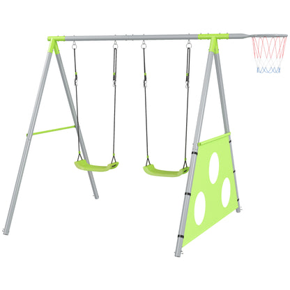 3 in 1 swing frame outdoor swing set with 2 swings, basketball hoop, soccer goal, double swing children's swing with metal frame, garden swing for children