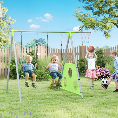 3 in 1 swing frame outdoor swing set with 2 swings, basketball hoop, soccer goal, double swing children's swing with metal frame, garden swing for children
