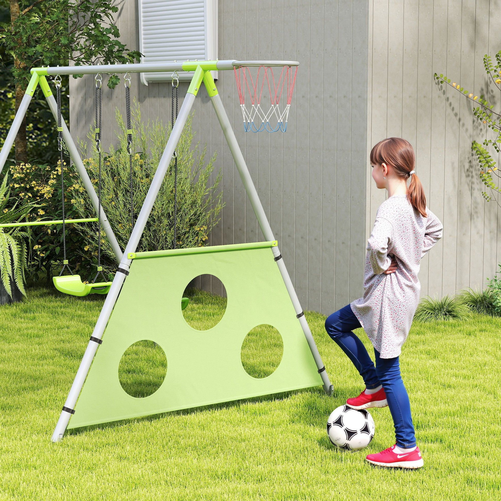 3 in 1 swing frame outdoor swing set with 2 swings, basketball hoop, soccer goal, double swing children's swing with metal frame, garden swing for children
