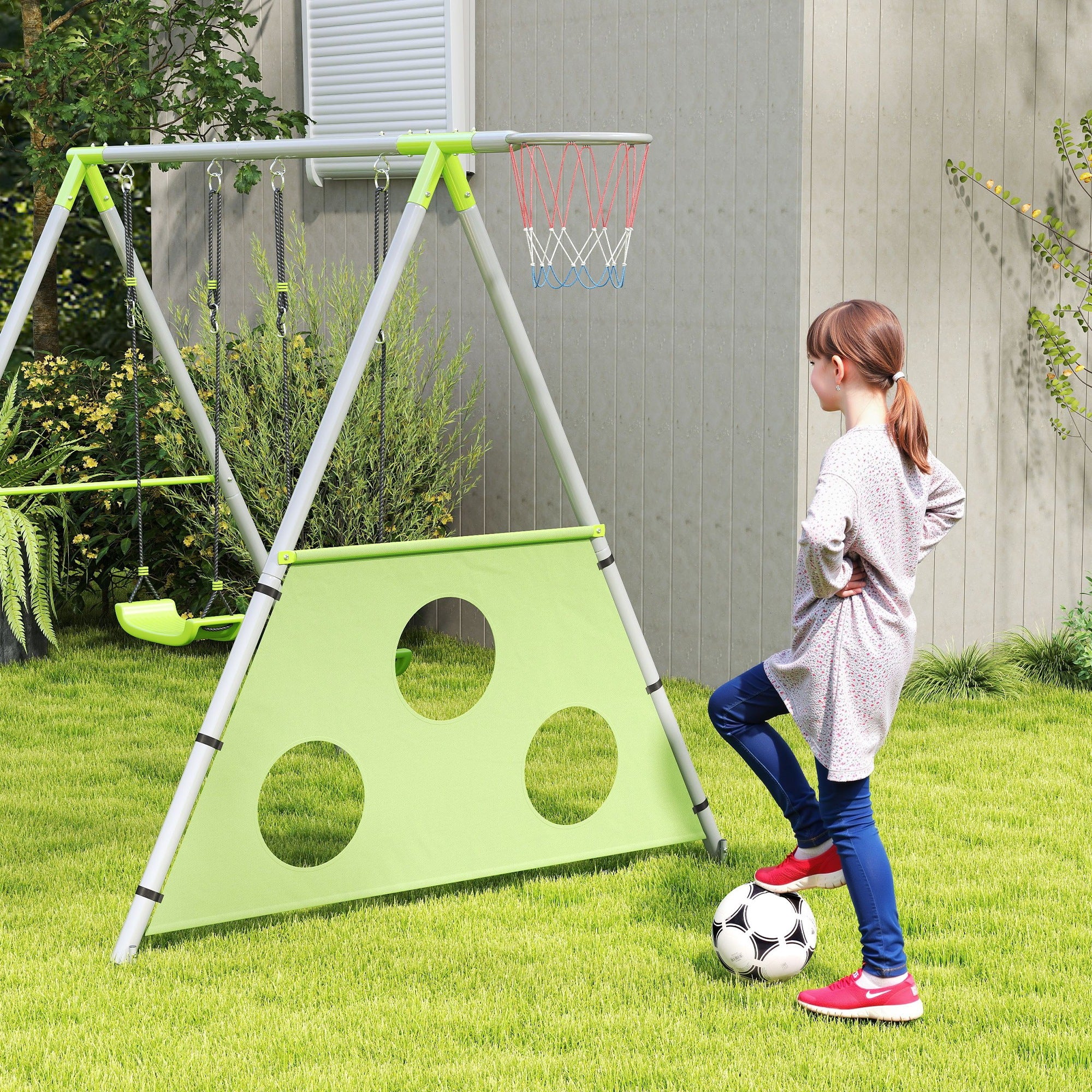 3 in 1 swing frame outdoor swing set with 2 swings, basketball hoop, soccer goal, double swing children's swing with metal frame, garden swing for children