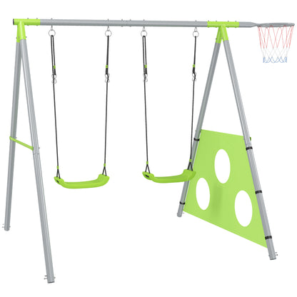 3 in 1 swing frame outdoor swing set with 2 swings, basketball hoop, soccer goal, double swing children's swing with metal frame, garden swing for children