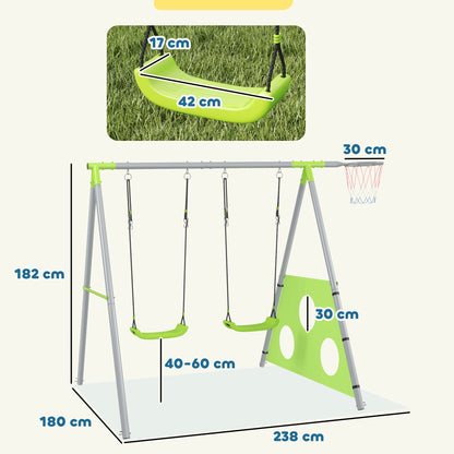 3 in 1 swing frame outdoor swing set with 2 swings, basketball hoop, soccer goal, double swing children's swing with metal frame, garden swing for children