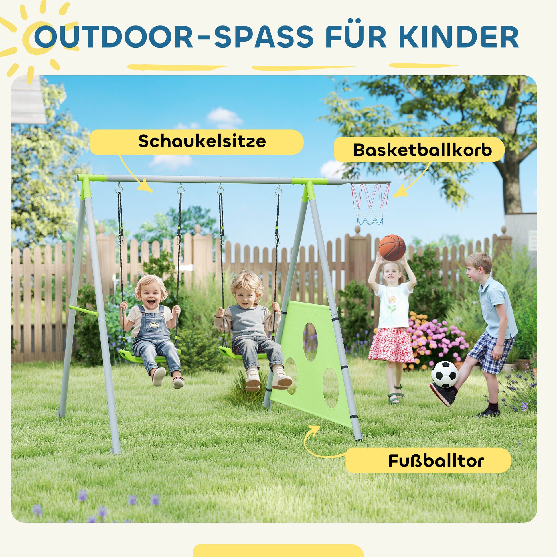 3 in 1 swing frame outdoor swing set with 2 swings, basketball hoop, soccer goal, double swing children's swing with metal frame, garden swing for children