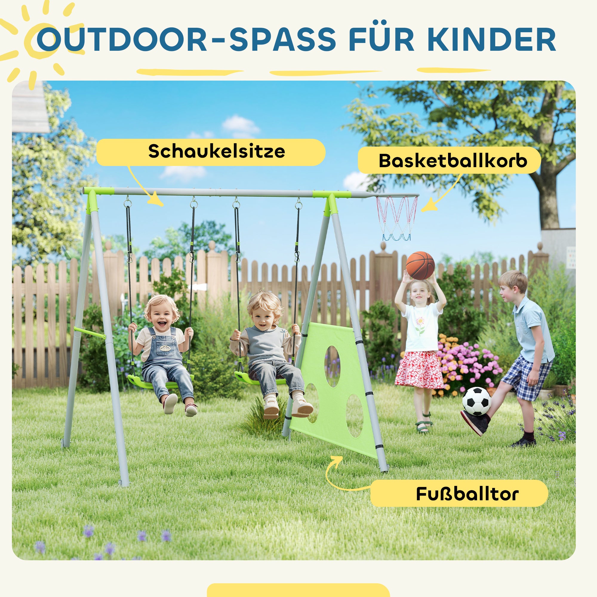 3 in 1 swing frame outdoor swing set with 2 swings, basketball hoop, soccer goal, double swing children's swing with metal frame, garden swing for children