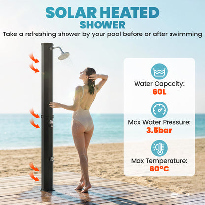 60L Solar Garden Shower with Swivel Rain Head, Adjustable Temperature (Up to 60°C / 140°F), No Power Required