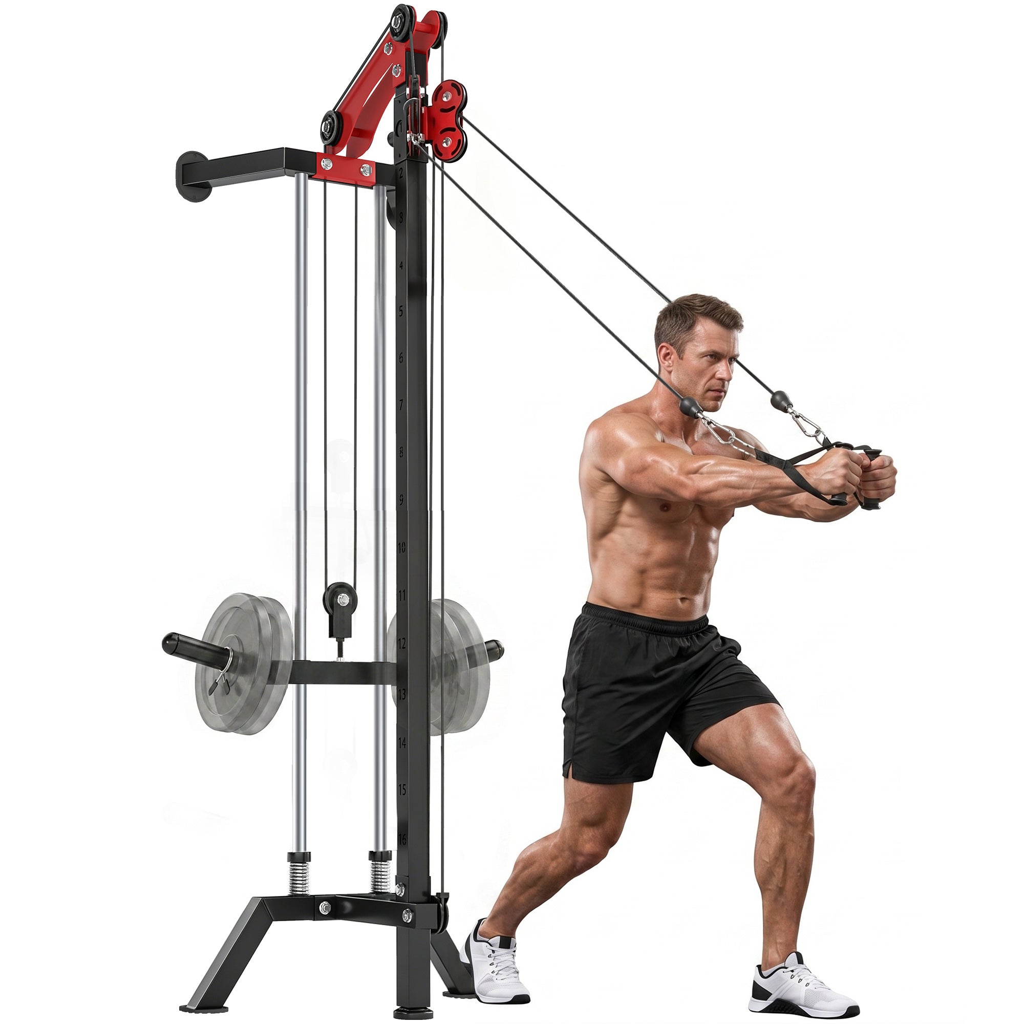 SPORTNOW Wall-Mounted Lat Machine with 16 Adjustable Pulley Positions, Cable Station with Pulldown Bar and Adjustable Weight Posts, Heavy-Duty Steel for Home & Gym