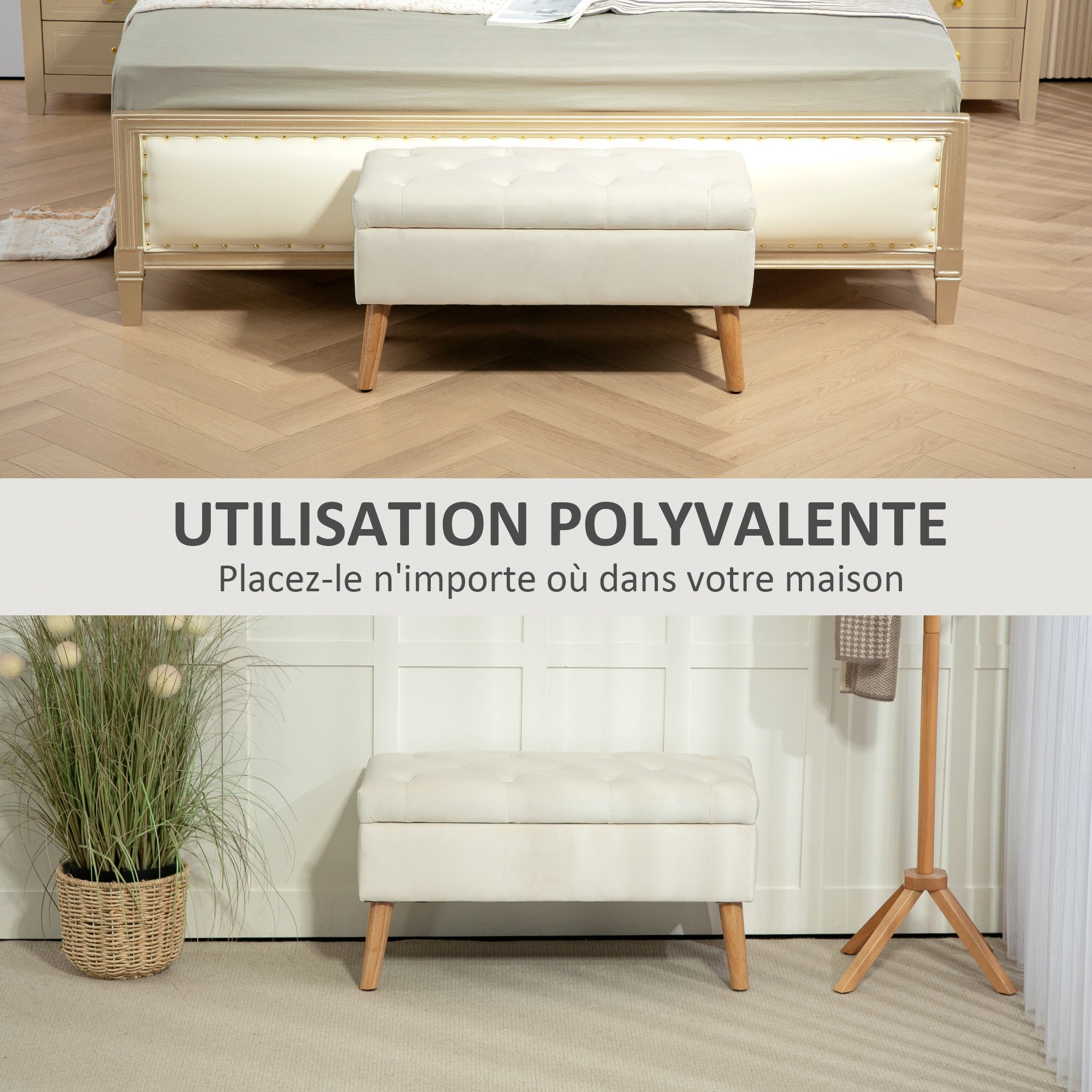 Storage Bench, Storage Chest, with Lid, Velvet-Effect Fabric, Wood Legs, Holds up to 120 kg, for Living Room, Bedroom, Entryway, 80 x 35 x 40 cm, Cream