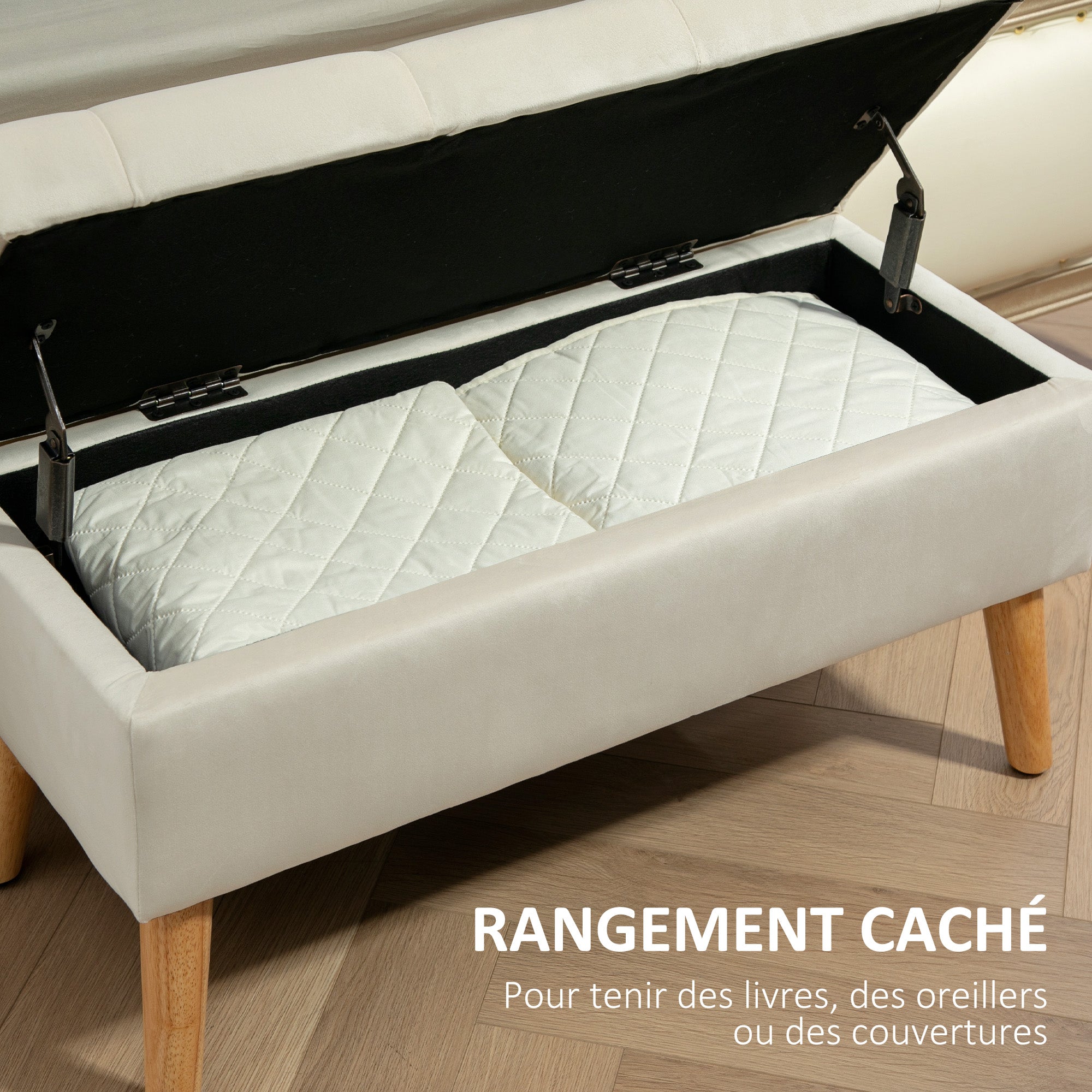 Storage Bench, Storage Chest, with Lid, Velvet-Effect Fabric, Wood Legs, Holds up to 120 kg, for Living Room, Bedroom, Entryway, 80 x 35 x 40 cm, Cream