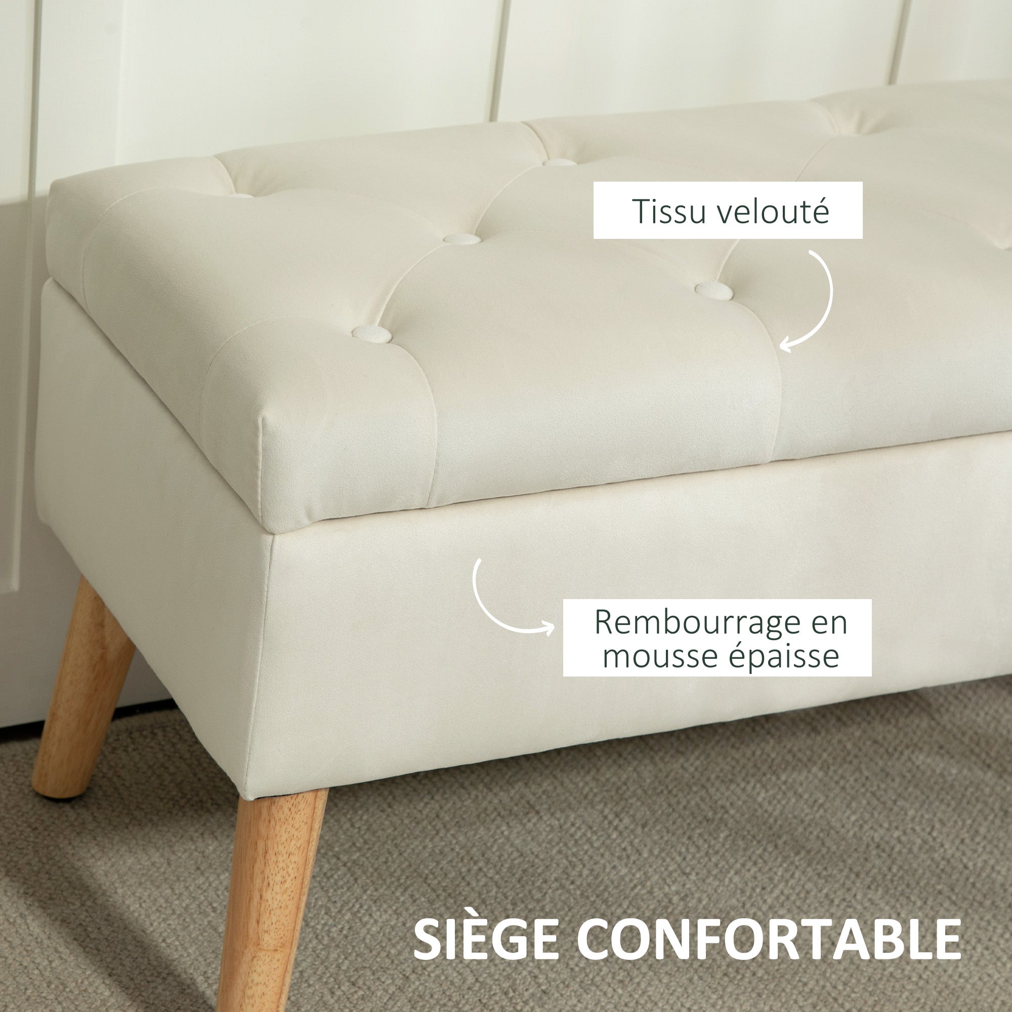 Storage Bench, Storage Chest, with Lid, Velvet-Effect Fabric, Wood Legs, Holds up to 120 kg, for Living Room, Bedroom, Entryway, 80 x 35 x 40 cm, Cream
