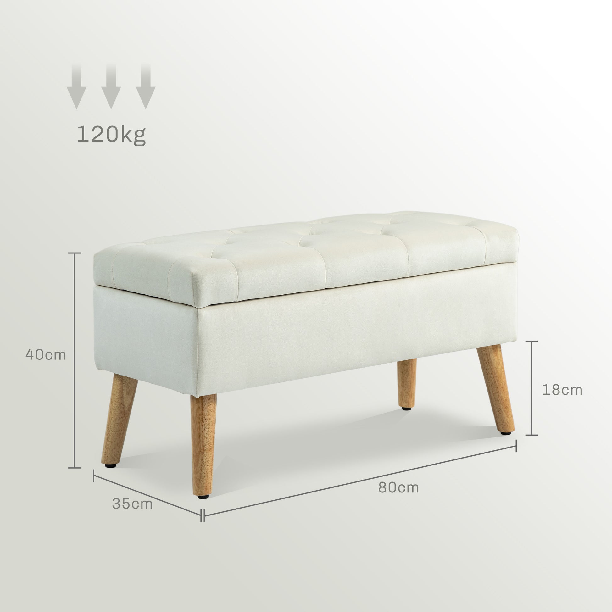Storage Bench, Storage Chest, with Lid, Velvet-Effect Fabric, Wood Legs, Holds up to 120 kg, for Living Room, Bedroom, Entryway, 80 x 35 x 40 cm, Cream