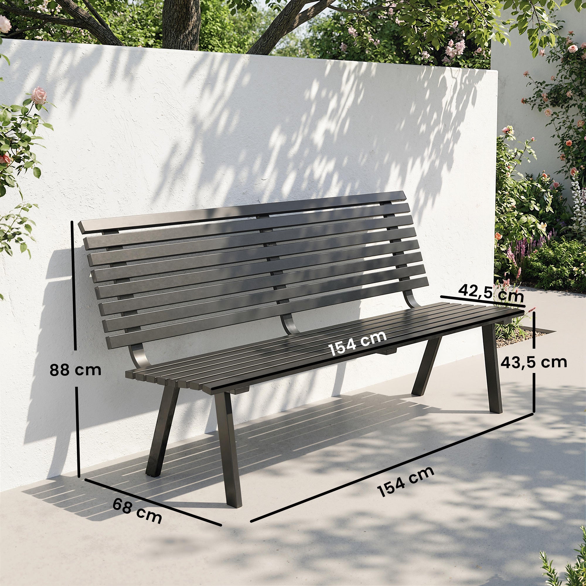 3-Seater Weather-Resistant Metal Garden Bench, Slatted Design, Up to 529 lb Capacity — 154 x 68 x 88 cm (60.6 x 26.8 x 34.6 in), Black