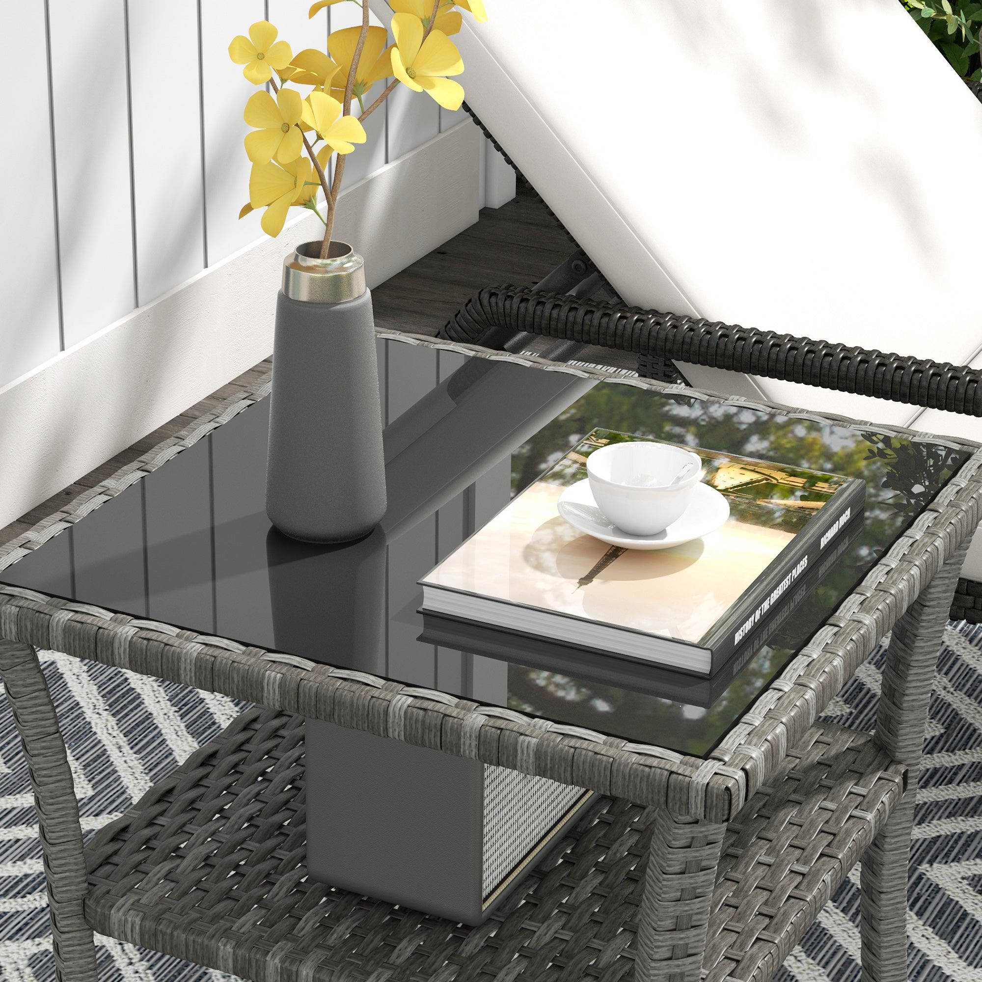Square Synthetic Rattan Garden Table 50x50x45 cm Side Table with Glass Top and Galvanized Steel Frame Load 30 kg for Terrace Patio Gray Gradient