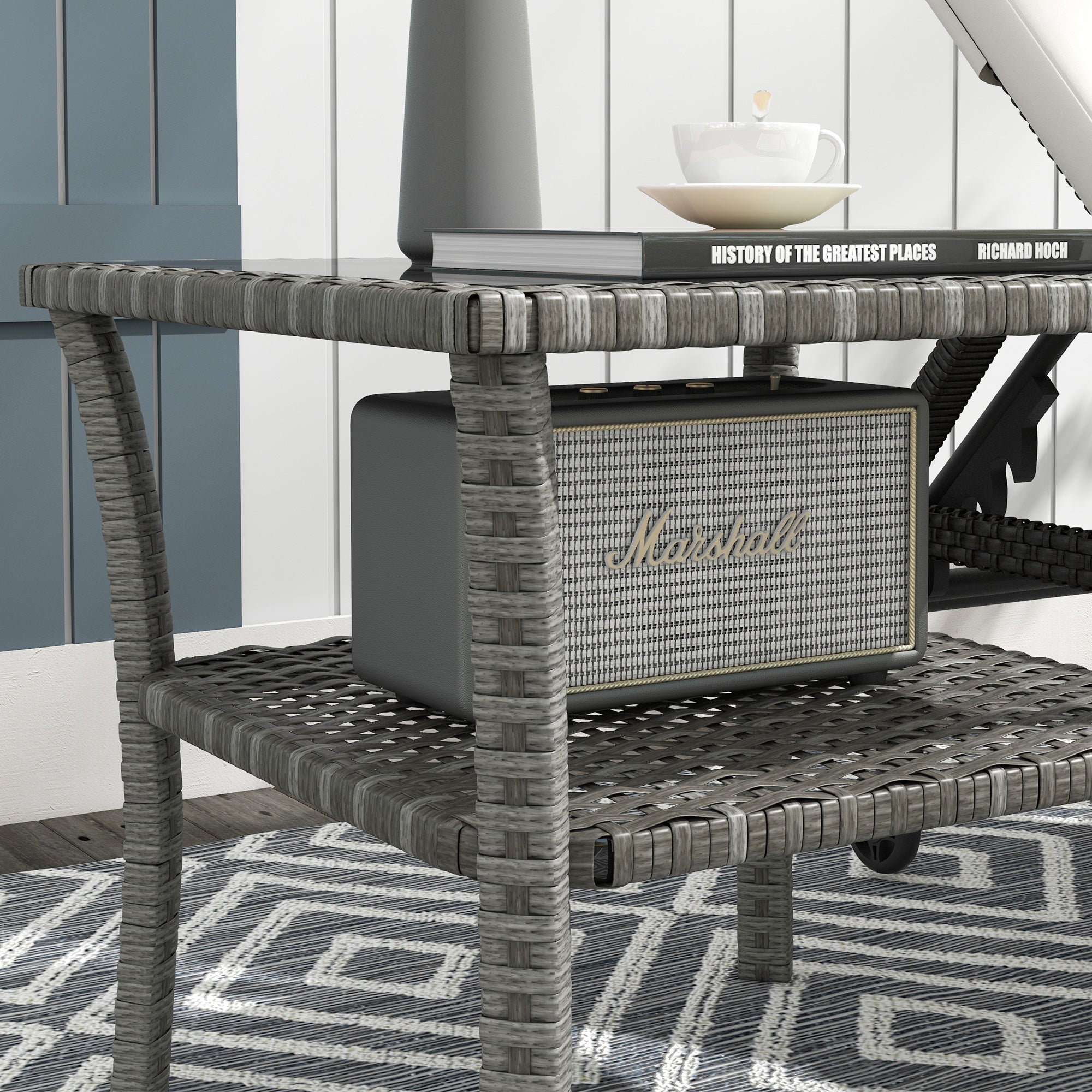 Square Synthetic Rattan Garden Table 50x50x45 cm Side Table with Glass Top and Galvanized Steel Frame Load 30 kg for Terrace Patio Gray Gradient