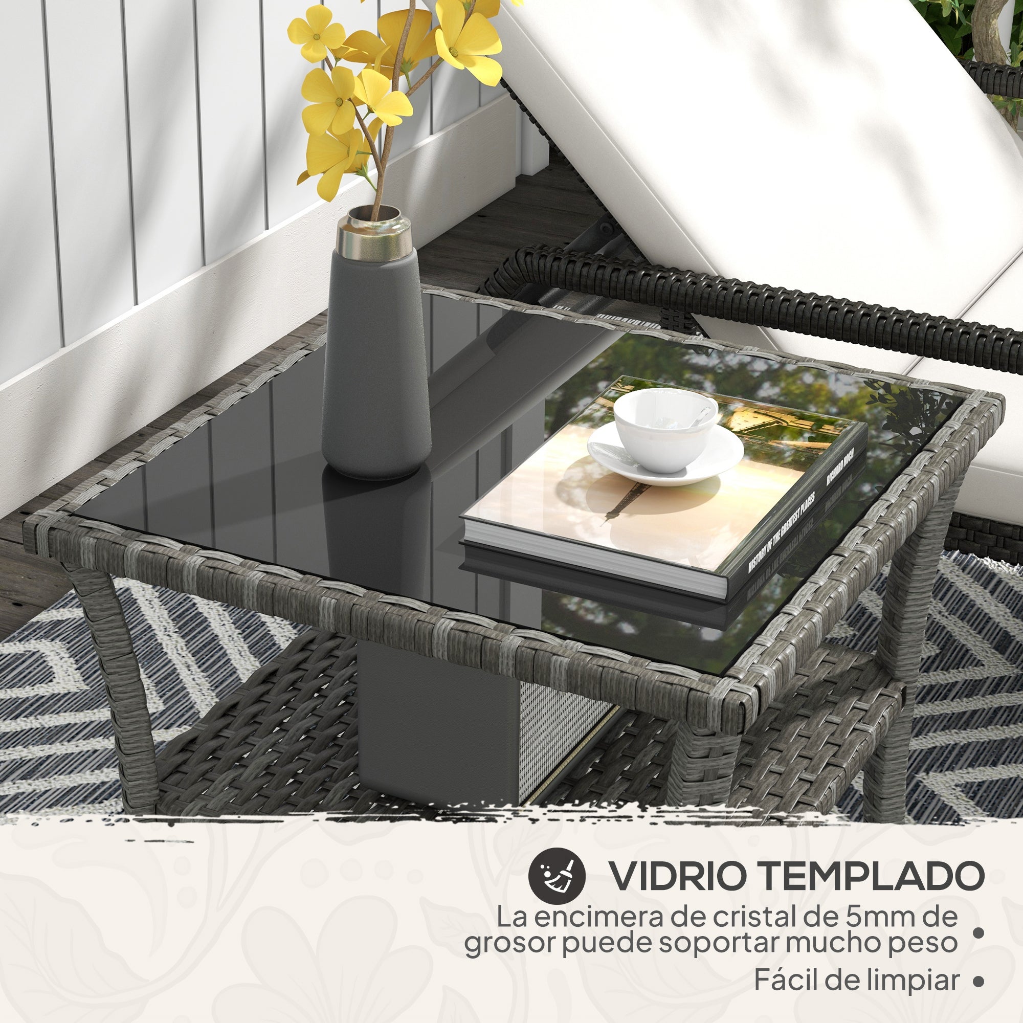 Square Synthetic Rattan Garden Table 50x50x45 cm Side Table with Glass Top and Galvanized Steel Frame Load 30 kg for Terrace Patio Gray Gradient