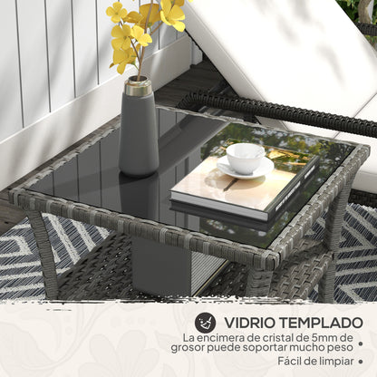 Square Synthetic Rattan Garden Table 50x50x45 cm Side Table with Glass Top and Galvanized Steel Frame Load 30 kg for Terrace Patio Gray Gradient