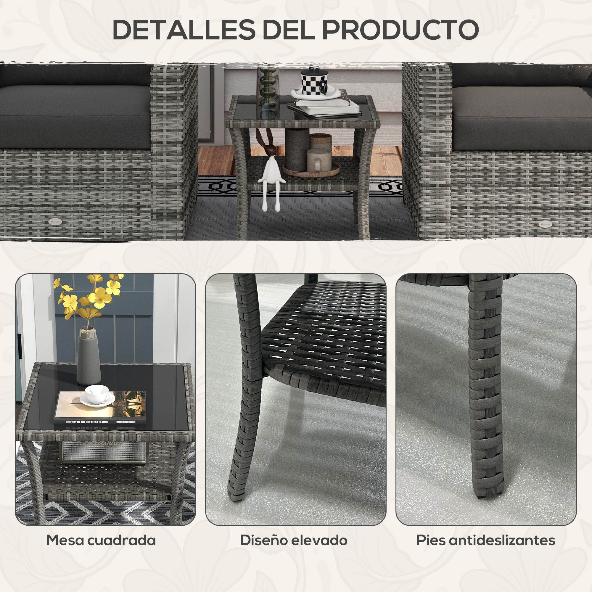 Square Synthetic Rattan Garden Table 50x50x45 cm Side Table with Glass Top and Galvanized Steel Frame Load 30 kg for Terrace Patio Gray Gradient
