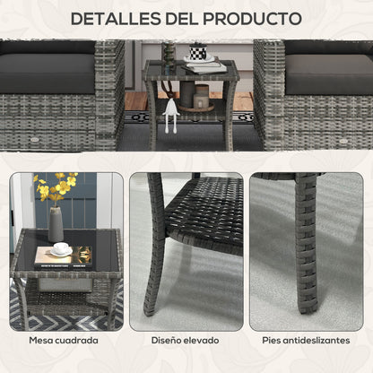 Square Synthetic Rattan Garden Table 50x50x45 cm Side Table with Glass Top and Galvanized Steel Frame Load 30 kg for Terrace Patio Gray Gradient
