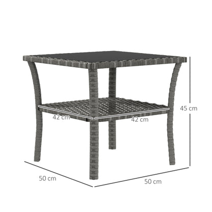 Square Synthetic Rattan Garden Table 50x50x45 cm Side Table with Glass Top and Galvanized Steel Frame Load 30 kg for Terrace Patio Gray Gradient