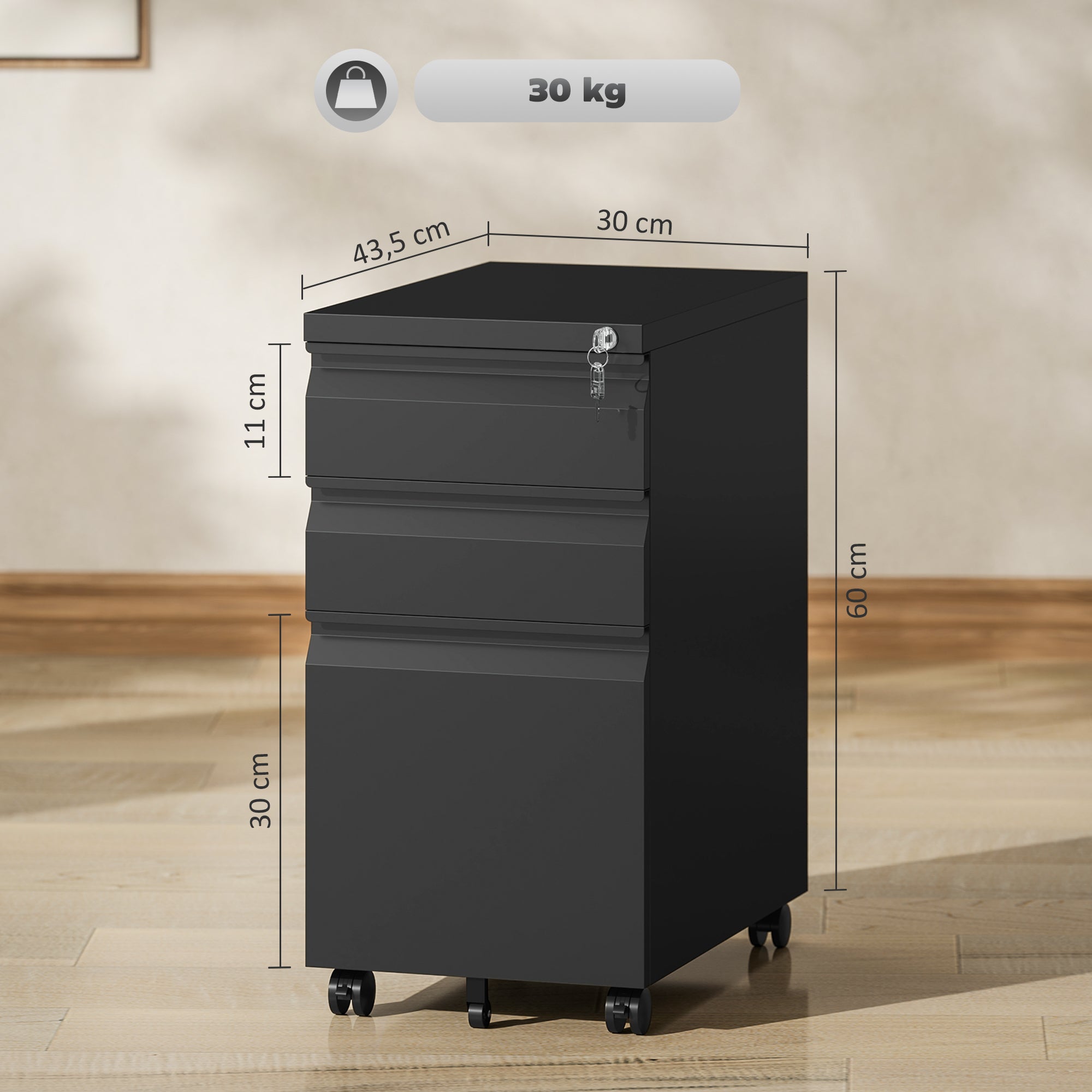 Mobile Filing Cabinet with 3 Drawers, Lockable Office Cabinet with Hanging File Folder, Pen Holder for Office, Home Office, 30 x 43.5 x 60 cm, Black