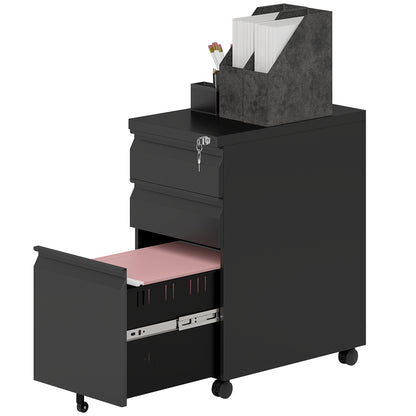 Mobile Filing Cabinet with 3 Drawers, Lockable Office Cabinet with Hanging File Folder, Pen Holder for Office, Home Office, 30 x 43.5 x 60 cm, Black